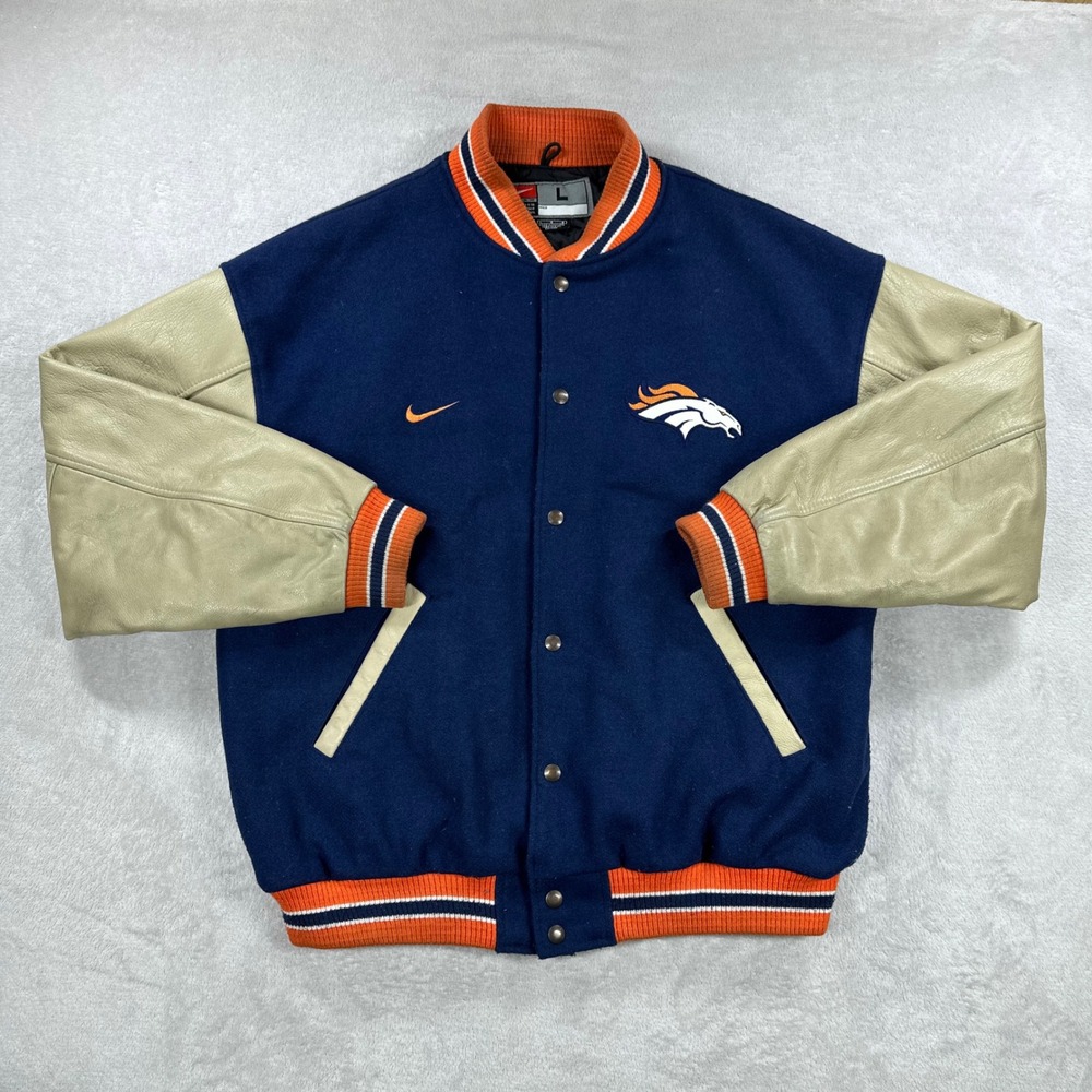 Vintage Denver Broncos Varsity Jacket Mens Large Blue NFL Wool Leather Nike 90s